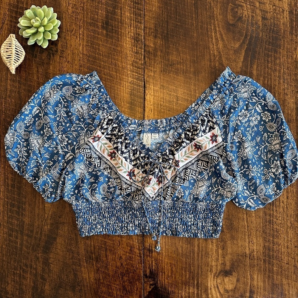Joie | Boho Floral Cropped Blouse with Puff Sleeves and Smocking